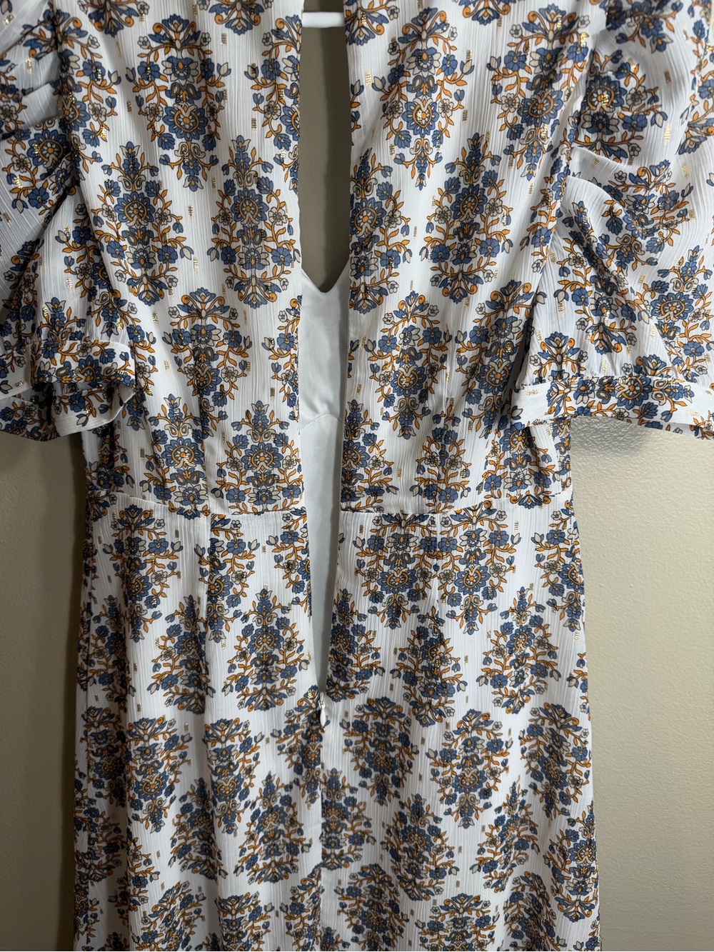 Express Floral Puff Sleeve Mini Dress S Blue Gold Deep V Open Back - Picture 6 of 9